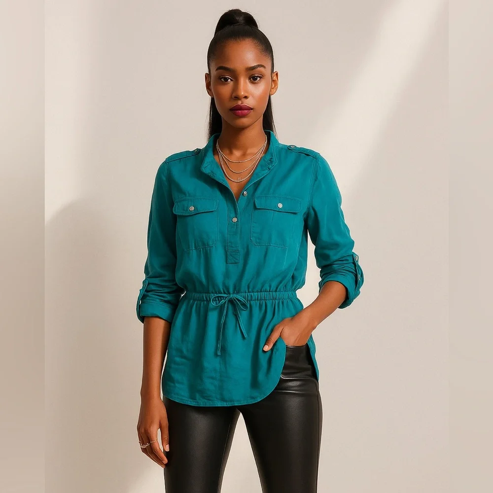 Michael Kors Blue-Green Teal Button Up Utility Shirt Top | Vintage Sheer Blouse - Picture 5 of 13